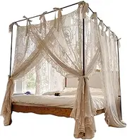 Bed Canopy, 4 Corner Post Canopy Bed Curtains, Romantic Lace Mosquito Net for 1.5m/4.92ft Beds, Beige (Frame Not Included), Mosquito Net for