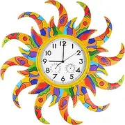 Colorful Sun Outdoor Clock Thermometer and Hygrometer Combo,25'' Wall-Mounted Outdoor Clocks Waterproof Silent Non-Ticking, Waterproof Quartz Outside Clock for Suitable for Living Room,kitchen, Patio