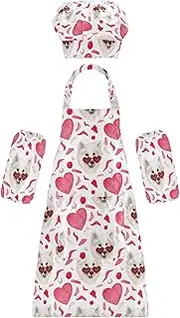 AIXIWAWA Kids Apron Chef Hat Set, Child Kitchen Bib Aprons Adjustable for Cooking Baking Painting (Hearts and Dogs)