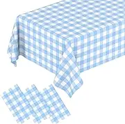 3 Pcs Light Blue Gingham Tablecloth Blue Disposable Plastic Checkered Table Cloths for Parties Disposable, Waterproof Rectangular Blue Table Cover for Camping, Birthday, Party, Picnic 54 × 108 Inch