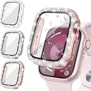 Neitra [3Pack] for Apple Watch Screen Protector Case Series 9 8 7 41mm Accessories, iWatch Hard PC Diamond Bumper Case Built-in Tempered Glass Film, Protective Bling Face Cover for Women Girls, 41 mm