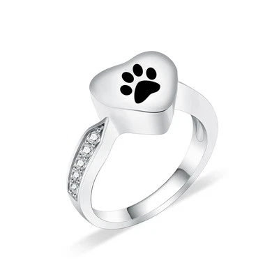 Love Heart Urn Ring for pet Dog Cat's Ashes Keepsake Memorial Jewelry Paw Pri...