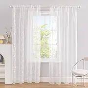 Arzoe Sheer Curtains Leaf Embroidered Semi Sheer Privacy Curtains Faux Linen Textured Rod Pocket Voile Curtains with Elegant Leaf Pattern for Living Room Bedroom White, 132cm x 213cm, 2 Panels