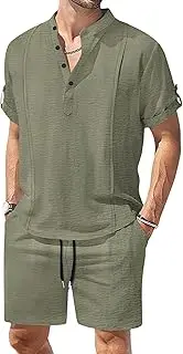 [Maiyifu-GJ] Men's Cotton Linen 2 Piece Outfits Short Sleeve Henley Shirts and Shorts Sets Summer Casual Lightweight Beach Set (Army Green,3X-Large), Army Green, 3X-Large, Army Green, 3X-Large