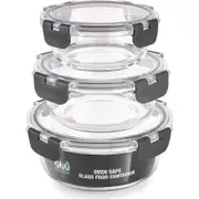 Igluu Meal Prep - Set of 3 Stackable Glass Round Containers - Lunch Box for Food Storage, Freezer, Microwave & Oven - Dishwasher-Safe, BPA-Free - Airtight SnapLock Lids (Different Sizes)