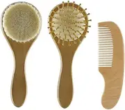 LIFKOME 3pcs Wooden Handle Grooming Kit Scalp Brush Set Newborn Toddler Hair Care
