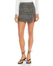 Norma Kamali Side Slit Mini Skirt Women's S/32 Chocolate Glenn Plaid Pull On