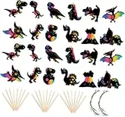 SUPVOX 4 Sets Dinosaur Scratch Off Craft Kit for Scratch Paper Cards Wooden Sticks Ribbons Creative Art Supplies for Fun Educational Playtime Activities