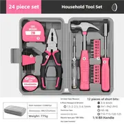 GGP Pink 24 Piece Household Tool Set, Complete Home Repair Kit With Tape Measure, Pliers, Screwdrivers, Hammer, And 12 Bits Set