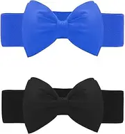 [Allegra K] Women's 2Pcs Bowknot Elastic Belts, 2.4" Width Elegant Cute Stretchy Cinch Waistband for Dress Wedding Black+Royal Blue Fit Waist:24-32 inches