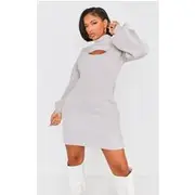 Shape Light Grey 2 In 1 High Neck Balloon Sleeve Bodycon Jumper Dress, Light Grey