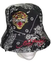 ED HARDY TIGER PAISLEY BANDANA PRINT MENS BUCKET HAT Reversible Black-White NWT
