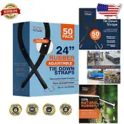 Reusable 24 Inch Bungee Cords with Metal Hooks - 50 Pack, Durable Natural Rubber