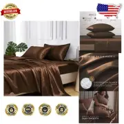 Breathable Satin King Size Sheets - 4 Pcs Silky Set in Rich Brown & Easy Care