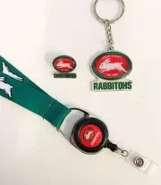 SET OF 3 SOUTH SYDNEY RABBITOHS NRL TEAM LANYARD + PIN BADGE + LOGO KEY RING