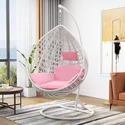 Egg Chair with Stand Indoor Outdoor Patio Egg Shaped Chair Hanging Chair Rattan Wicker Patio Hanging Basket for Bedroom, Balcony, Garden (Fine White)