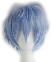 Aicos Anime Cosplay Wig Short Blue Wig Fashion Spiky Layered Halloween Christmas Carnival Synthetic Short Straight Hair Wig for Kids and Adults with Free Cap (Light Blue)