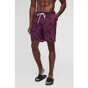 Mens Red Regular Fit Mid Length Abstract Leaf Print Swim Short