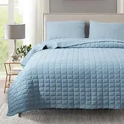 Kasentex Quilt-Bedding-Coverlet-Blanket-Set, Machine Washable, Ultra Soft, Lightweight, Stone-Washed, Detailed Stitching-Solid Color, Single/Twin + 2 Shams, Grey Blue