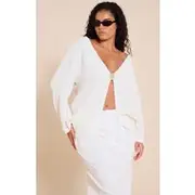 Plus Cream Textured Oversized Trim Detail Long Sleeve Top, Cream
