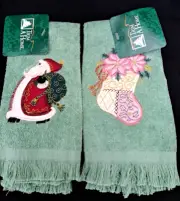 VTG Trim A Home Christmas Hand Fingertip Towels Green NOS Kmart Santa Stocking