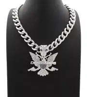 Hip Hop Iced DEPLOMATS Eagle Silver PT Pendant 18" 20" 24" Cuban Chain Necklace