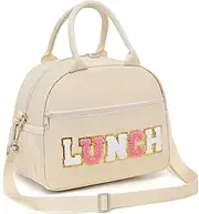 Lunch Bag for Women, Large Insulated Lunch Bag with Chenille Letter, Preppy Lunch Box for Work, Reusable Lunch Tote Bag with Adjustable Shoulder Straps, Portable Lunch Cooler for Picnic Beige