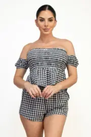 Off-shoulder Smock Gingham Top & Mini Short Sets
