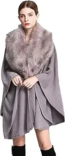 [BAILEYU] Women Knit Cape Coat Cardigan Shawl Wrap Stole Cloak Poncho with Elegant Faux Fox Fur Collar for Wedding Party,Gray