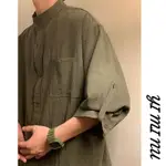 亞麻襯衫 復古服裝 太極服 功夫裝 亞麻上衣 中山裝 軍綠色無領襯衫男棉麻新中式國風漢服唐裝中山裝外套七八分袖夏季