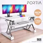 FORTIA Desk Riser 90cm Wide Adjustable Sit to Stand Dual Monitor Keyboard White