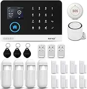 PGST Smart home security system, Wi-Fi/GSM alarm system, works with Alexa, supports mobile app notifications, includes 1 alarm hub, 8 door alarm, 4 motion sensors, 3 remote controls, 3 RFID tag, 1