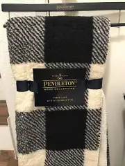 Pendleton Home Collection Black White Plaid Sherpa Fleece Throw Blanket 70” New~