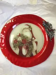 BOTANICAL SANTA GLASS PLATTER POINSETTIA'S BRIGHT RED SILVER LEAF DEMDACO 13.5"