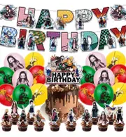 Demon Slayer Party Decorating Set Birthday Banner Cake Cupcake Toppers Balloons Swirls