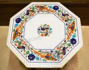 Octagon White Marble Coffee Table Top Nature Design Inlay Work Hallway End Table