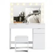 Advwin Dressing Table Stool Set with Mirror 12 LED Bulbs Vanity Desk White