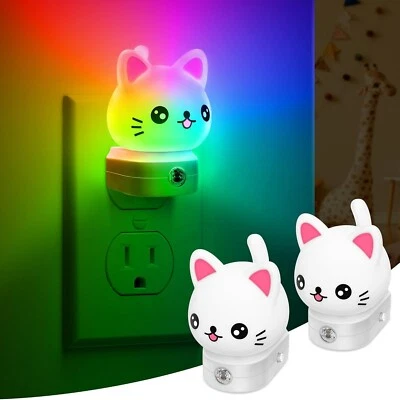 2 Pack Cat Night Lights Wall Plug, 8-Color RGB LED Night Light with Sensor