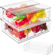 Abiudeng Fridge Drawer Kitchen Storage Organisation Cupboard Organiser with Pullout Drawer Stackable Fridge Organizer Set BPA free Clear Storage for Freezer-3 Pcs(S*2+L*1)