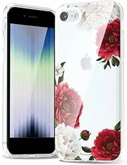Svanove for iPhone SE Case 2nd 3rd Generation Flower iPhone 7/8 Case, Girly Cute Clear Floral Aesthetic Design, Slim Thin Transparent Hard Shell Plastic for Women, Trendy Pattern, Red Peony