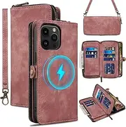 Rssviss for iPhone 14 Pro Max Case Wallet with Strap, 【RFID Blocking】【Magsafe】【Zipper Pocket】【7 Card Slot】 Vintage Leather Strap Wristlet Flip iPhone 14 Pro Max Case, for Men Women 6.7" Pink