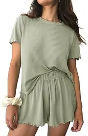 [Ekouaer] Womens Pajamas 2 Piece Ribbed Knit Pjs Short Sleeve Sleepwear Set Summer Soft Pajamas Set Casual Lounge Sets