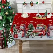 cusugbaso Christmas Tablecloth 52x70 Inches, Red Table Cloth for Rectangle Tables - Snowman and Truck Christmas Decorations for Home - Water-Resistant Christmas Decor for Party, Kitchen