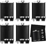 Domensi 6 Set Hip Flask Gift Set Flask for Liquor for Men with Black Leather Cover 8 oz Hip Flask Set 18/8 Stainless Steel Hip Flasks with 2 Cups & Funnel for Men Gift Box, Camping, Wedding Party