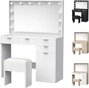 ALFORDSON Dressing Table Stool Set Makeup Desk with LED Mirror Lights in 3-Colour 12 Bulbs, Vanity Dresser Organiser with Chair & Multi Storage Drawers for Women Bedroom, White