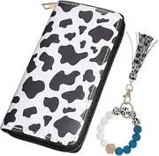 [LIFKOME] Cow Print Wallet with Beaded Wristlet Keychain Fashion Long Wallet for Women Stylish Cow Pattern Card Holder Present for