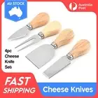 4 Piece Cheese Knife Set Wooden Handle Slicer Fork Scoop Cutter Cheese Platter