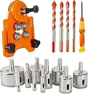 Diamond Drill Bit Tile Hole Saw Set, 16 PCS Hole Core Drill Hole Saw Kit with Adjustable Hole Saw Guide Jig Fixture and Ultimate Triangle Drill Bits Set for Tile, Ceramic, Glass, Porcelain, Marble