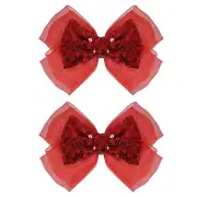 2Pc Red Mesh Ribbon Hair Bows Clips 4" Sparkly Red Sequin Hair Barrettes