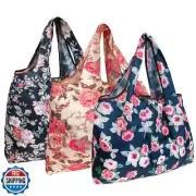 allydrew Large Foldable Tote Nylon Reusable Grocery Bag, 3 Pack, Lovely Flowe